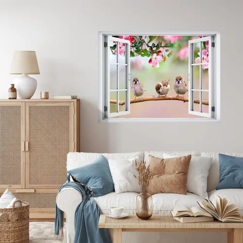Vista 22 de wall26 Adhesivo decorativo para pared, loros verdes sentados en la rama afuera, ventana abierta, no se pega ni se pega, papel tapiz no tejido