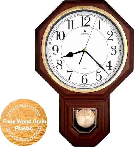 Vista 10 de JUSTIME Reloj de pared clásico vintage tradicional de estilo Schoolhouse, con péndulo y melodía Westminter cada hora, relojes de pared con melodía