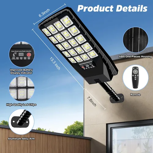 Vista 5 de Paquete de 2 farolas solares impermeables para exteriores, 6500 K, 20000 lúmenes, gran angular, luz de inundación con sensor de movimiento y control