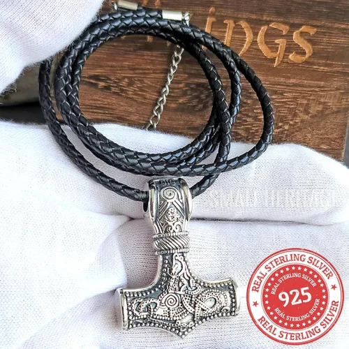 Vista 6 de Collar de martillo vikingo de plata de ley 925 con colgante de amuleto nórdico Odin para hombre, Plata esterlina, No es una piedra preciosa