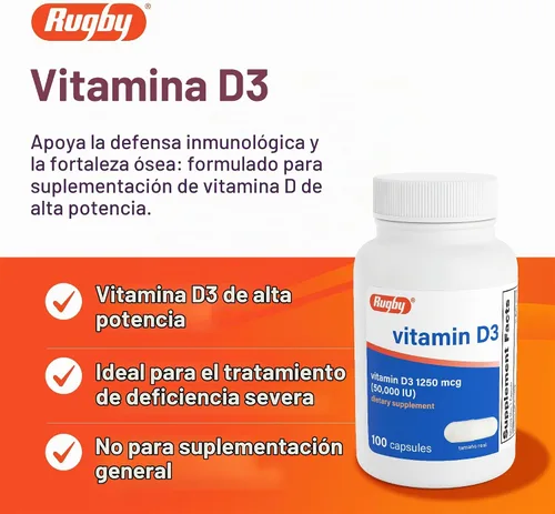 Vista 3 de Rugby Suplemento de vitamina D3 de alta potencia 50,000 UI (1250 mcg), 100