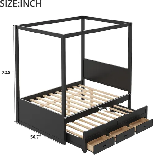 Vista 2 de Wood Canopy Platform Bed Full with Headboard, Trundle and 3 Drawers Negro-8.1