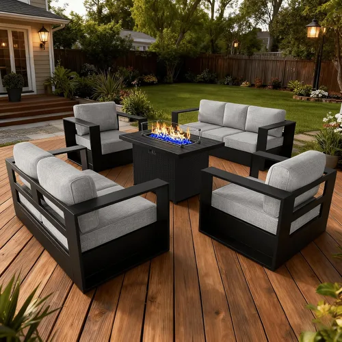 Vista 27 de LayinSun - Juego de muebles de exterior de aluminio de gran tamaño de 5 piezas con mesa auxiliar Negro/Gris oscuro