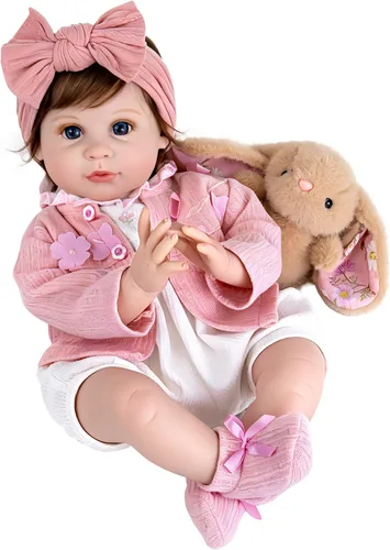 Vista 11 de Aori Muñecas Reborn de 22 pulgadas – Muñeca de bebé realista para niños de 3 años en adelante – Bebé recién nacido realista con traje rosa – Cuerpo