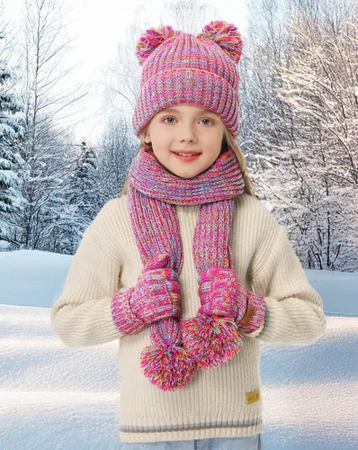 Vista 9 de Remifa Conjunto de bufanda y gorro de invierno para niños y niñas, con forro polar con pompón, bufanda larga, guantes cálidos