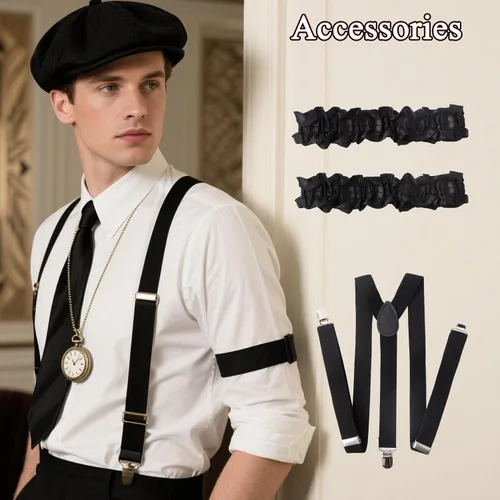 Vista 5 de Disfraces de los años 20 para hombre, traje de hombre de los años 20, accesorios de gran Gatsby, disfraz de gángster, sombrero de periódico