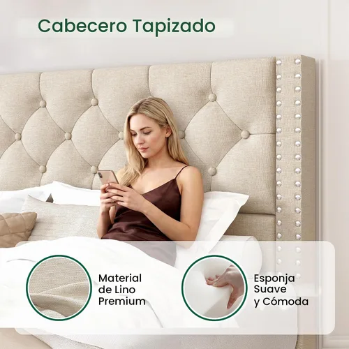 Vista 4 de LARMACE Base de cama tamaño matrimonial con 4 cajones de almacenamiento y cabecera copetada, base de cama tapizada en lino con listones de madera