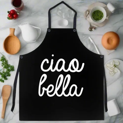 Vista 4 de P.S. I Love Italy Ciao Bella - Delantal negro con temática italiana, delantales con pechera para hombres y mujeres