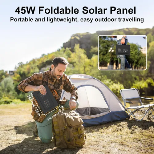 Vista 7 de Cargador de panel solar portátil de 45 W con USB-C, USB-A y salidas DC de 18 V, paneles solares plegables impermeables IP67 con un soporte
