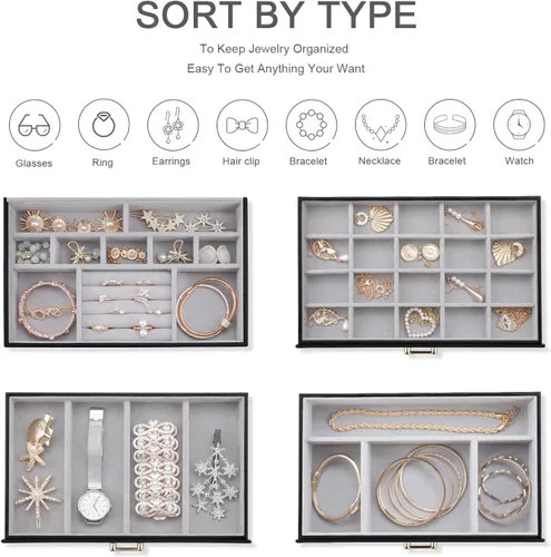 Vista 5 de V-LAFUY Joyero organizador de joyas para mujer, joyero con tapa de vidrio transparente de 4 niveles con 3 cajones, regalo para mujeres y niñas, tapa