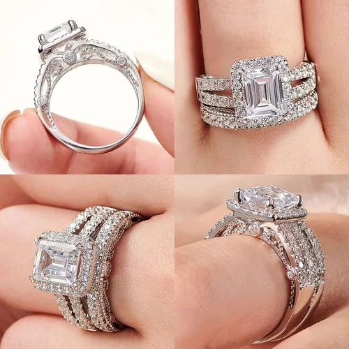 Vista 4 de Wuziwen Juego de anillos de compromiso de plata de ley de 4 quilates con corte esmeralda para mujer, talla 5-10