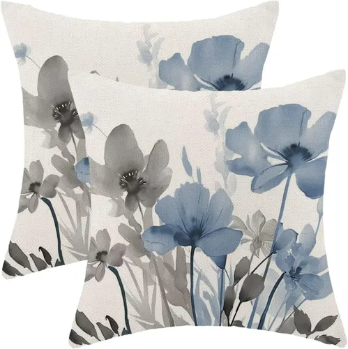 Vista 13 de AEIOAE Juego de 2 fundas de almohada florales azules y marrones de 16 x 16 pulgadas, fundas de almohada decorativas de flores de acuarela