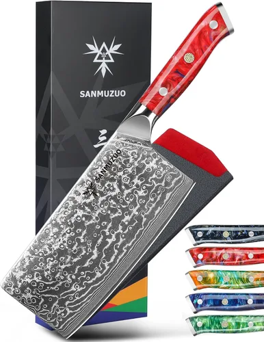 Vista 8 de Cuchillo chino de chef – Cuchillo de carnicero de 7 pulgadas – Serie Xuan – Cuchillo de cocina de acero Damasco VG10 – Mango de resina