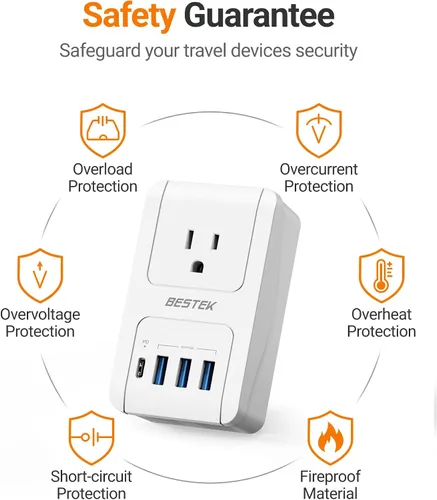 Vista 7 de BESTEK Adaptador de viaje universal, adaptador de corriente internacional con 1 tomacorrientes, 4 puertos de carga USB (1 USB C PD 35W), enchufes