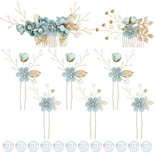 Vista 12 de inSowni - Juego de 20 peines laterales para el pelo con flores en tonos rosa polvoriento, azul y blanco, pinzas para el pelo con flores, pinzas