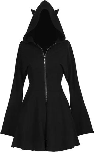Vista 2 de MLAFE Vestido negro con capucha gótico para otoño e invierno, vestido de suéter con capucha, manga para muñeca, vestido ajustado Harajuku