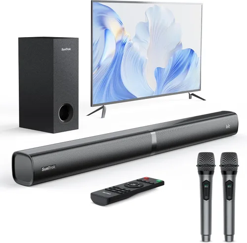 Vista 12 de Barra de sonido con subwoofer para TV, sistema de altavoces Bluetooth 5.3 con 2 micrófonos inalámbricos de karaoke, audio de sonido envolvente