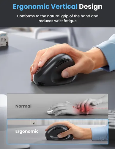 Vista 2 de TECKNET Ratón Ergonómico, Ratón Vertical Inalámbrico Bluetooth, Batería Recargable, Clics Silenciosos, DPI Ajustable de 4800, Conexión BT5.0/3.0