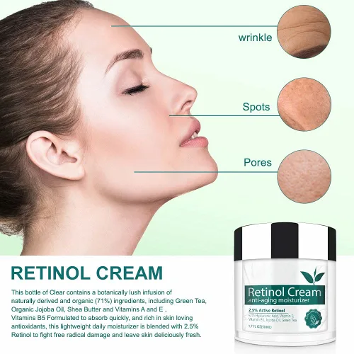 Vista 3 de Crema de retinol para cara, hidratante facial con 2.5% de retinol, ácido hialurónico, crema hidratante antienvejecimiento de día y noche