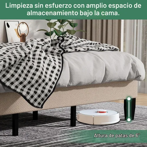 Vista 4 de Base de cama tamaño King con cabecero, cama de plataforma de lino con cabecera tapizada suave de altura ajustable, 10 piezas de soporte de listones