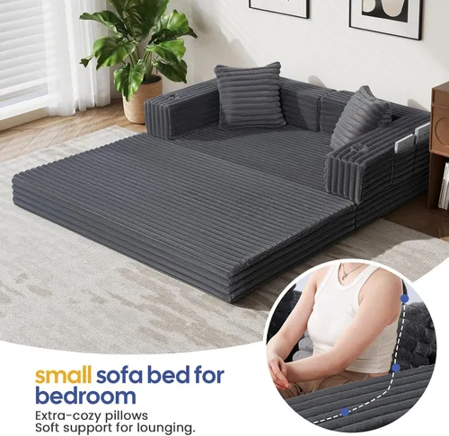 Vista 4 de COMAX Sofá cama futón, sofá cama convertible 4 en 1, sofás deshuesados para sala de estar, sofá biplaza plegable pequeño plegable que ahorra Gris