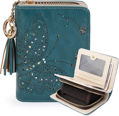 Vista 13 de KITEVIUN Cartera RFID delgada para mujer con doble pliegue, tarjetero con cremallera y monedero, cartera ultradelgada compacta con ventana