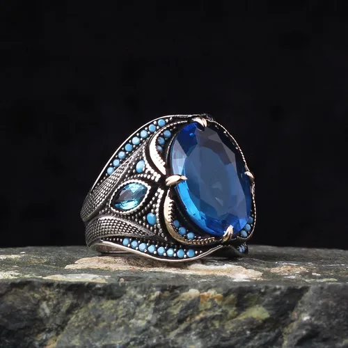 Vista 2 de BayVog 925 Sterling Silver Men's Ring, Blue Topaz Gem Stone Men Silver Ring, Handmade Zircon Stone Silver Ring for Men, Blue Stone Silver Ring gifts