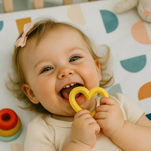 Vista 2 de Mordedor de corazón de silicona para el día de San Valentín, juguetes de dentición de corazón de 6 a 12 meses, 0 a 6 meses, juguetes para masticar