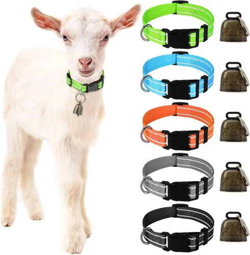 Vista 13 de Paquete de 5 collares reflectantes de cabra con campanas, collar para mascotas antipérdida Adjustable Nylon Collar & Sheep Grazing Copper Bells