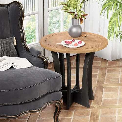 Vista 8 de COZAYH Mesa auxiliar redonda de granja X 2P con patas de madera entrecruzadas, mesa auxiliar rústica francesa para comedor o sala de estar, moderna