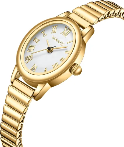 Vista 2 de Relojes pequeños de oro para mujer, reloj analógico para mujer con banda de expansión de acero inoxidable, esfera romana ovalada, resistente al agua
