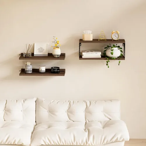 Vista 7 de Estantes flotantes para pared, estante flotante para baño, juego de 3, estante flotante para pared con soporte de papel higiénico para baño, Marrón