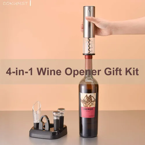 Vista 6 de COKUNST Juego de abridor de vino eléctrico con soporte, sacacorchos con carga USB, abrebotellas inalámbrico recargable de un clic con vertedor