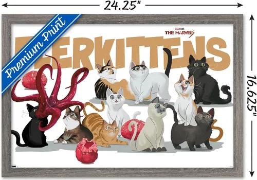 Vista 3 de Marvel The Marvels - Póster de pared de Flerkittens, 22.4 pulgadas de largo x 14.7 pulgadas de ancho, versión enmarcada de madera de granero