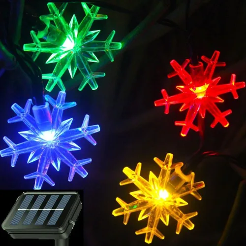Vista 7 de Luces solares de Navidad para exteriores, impermeables, decoraciones de 20 pies, 30 luces LED de copo de nieve con 8 modos de iluminación