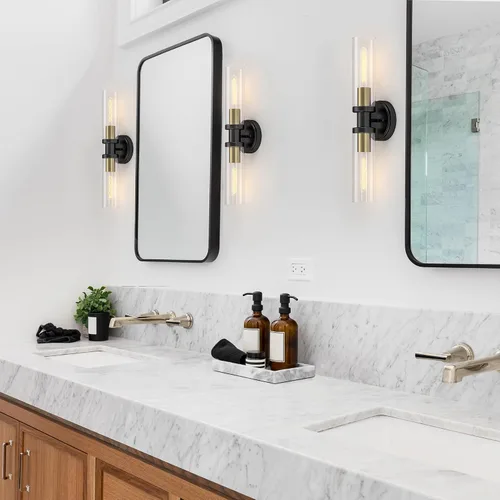 Vista 3 de Lámparas de baño de 2 luces negras y doradas, luces de tocador de baño sobre espejo, apliques de pared, iluminación industrial, accesorios