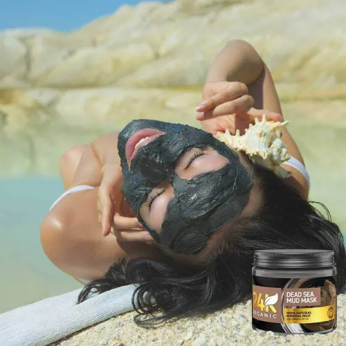 Vista 6 de Máscara orgánica de barro del Mar Muerto 24K para cara, cabello y cuerpo, 100% natural y orgánico, limpiador de piel profunda, aplicador de cepillo