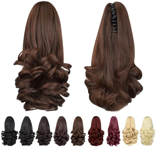 Vista 26 de extensión de cola de caballo, extensión de pelo con pinza de 12" cola de caballo rizada corta Extensión de pelo sintético de aspecto natural