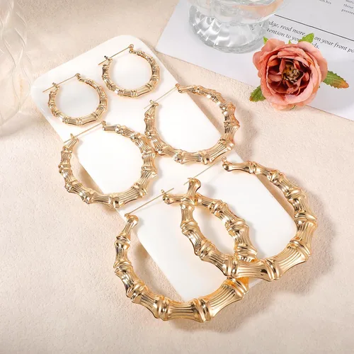 Vista 3 de Bamboo Earring Large Bamboo Hoop Earrings for Women 80s 90s Door Knocker Earring Hip Hop Chunky Gold Hoop Earrings Trendy Women Jewelry Party Custom