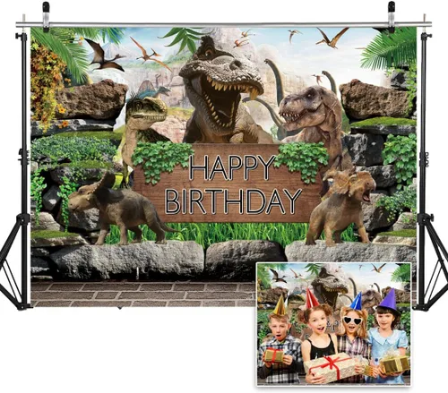Vista 2 de Fondo con temática de dinosaurio de 5 x 3 pies para niños, fiesta de cumpleaños, fotografía, fondo de selva, parque de la selva, baby shower