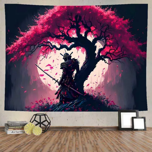 Vista 9 de Ine Ive GTDWIE0297 - Tapiz samurái japonés para estética de dormitorio, luna llena, árbol de cerezo, 40 x 30 pulgadas, arte japonés para dormitorio