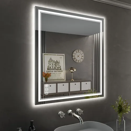Vista 17 de Espejo de baño LED de 24 x 28 pulgadas, luz frontal y retroiluminada, antiniebla, regulable, espejo de tocador iluminado con memoria, espejo LED