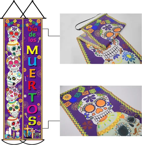 Vista 4 de Juego de 3 pancartas de decoración del Día de los Muertos para fiesta mexicana, decoración del Día de los Muertos, letrero de porche, bandera
