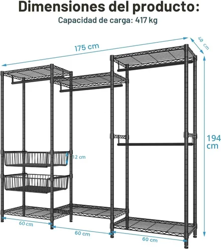 Vista 6 de VIPEK V10 - Perchero de ropa de gran tamaño resistente con varillas para colgar, estantes ajustables y 2 cestas de almacenamiento deslizantes