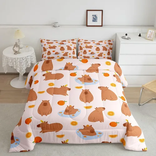 Vista 11 de Feelyou Juego de edredón de dibujos animados de Capybara, tamaño individual con 1 funda de almohada, juego de ropa de cama con estampado de Multi 02