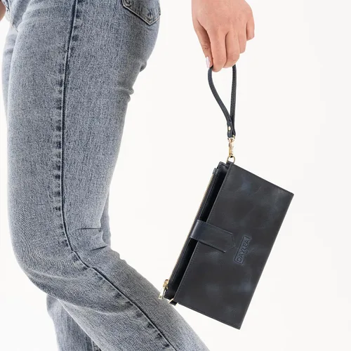 Vista 6 de Cartera de cuero genuino para mujer con protección RFID, cartera plegable para teléfono celular, con cremallera, diseño delgado, con múltiples