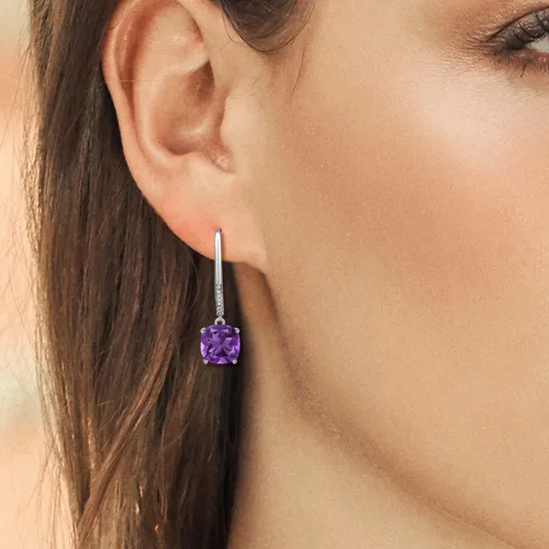 Vista 3 de Gem Stone King 925 Sterling Silver 8MM Cushion Gemstone Birthstone and White Diamond Drop Dangle Earrings for Women