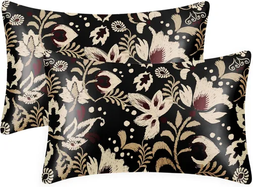 Vista 64 de EXQ Home - Funda de almohada de satén para cuidar el cabello y la piel, tamaño estándar, de seda con estampado negro, juego de 2 fundas con cierre
