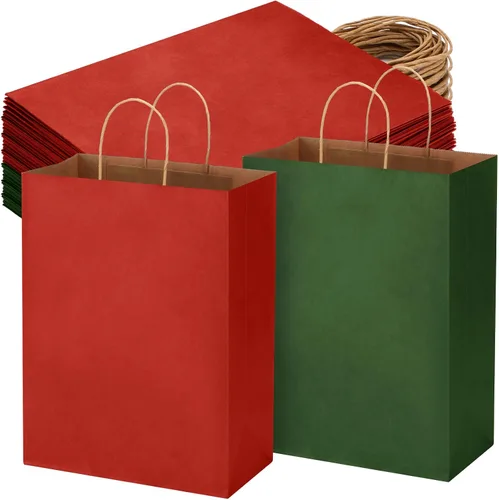 Vista 9 de Tenceur 100 bolsas de regalo de Navidad rojas y verdes, bolsas de papel kraft con asas, regalo de vacaciones para boda, baby shower, despedida