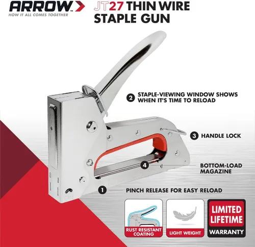 Vista 2 de Arrow JT27 - Pistola de grapas ligera para tapicería, manualidades, oficina, se adapta a grapas de alambre fino de 1/4", 5/16" o 3/8".